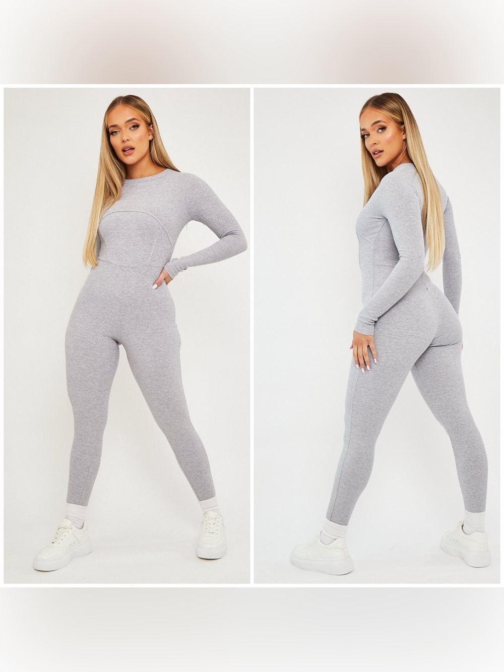 PrettyLittleThing Gray Ribbed Jumpsuit